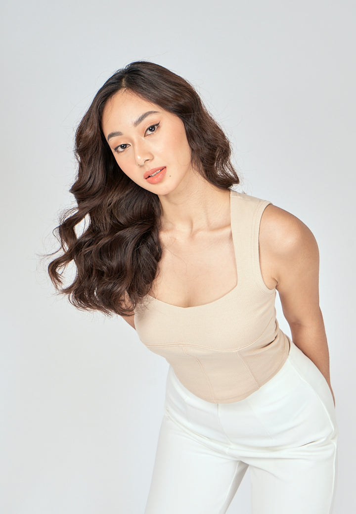 Loona Beige Knitted Square Neck Lined Sleeveless Top