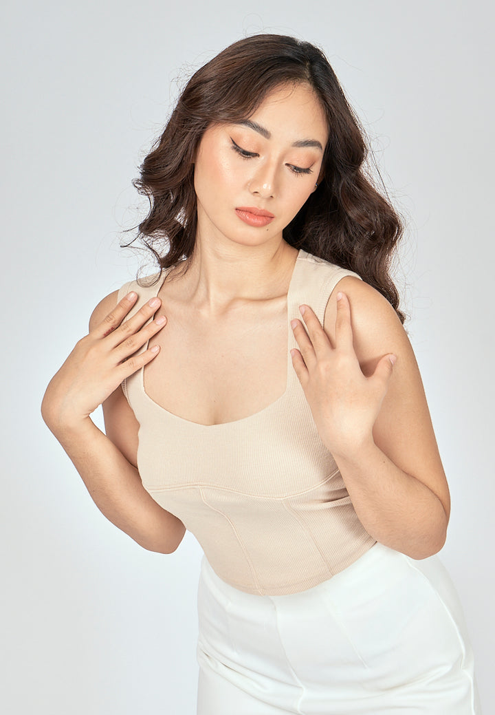 Loona Beige Knitted Square Neck Lined Sleeveless Top