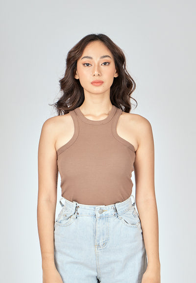 Grant Khaki Knitted Padded Crew Neck Sleeveless Tank Top