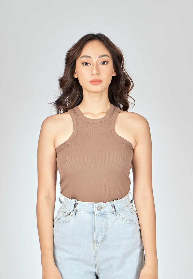 Grant Khaki Knitted Padded Crew Neck Sleeveless Tank Top