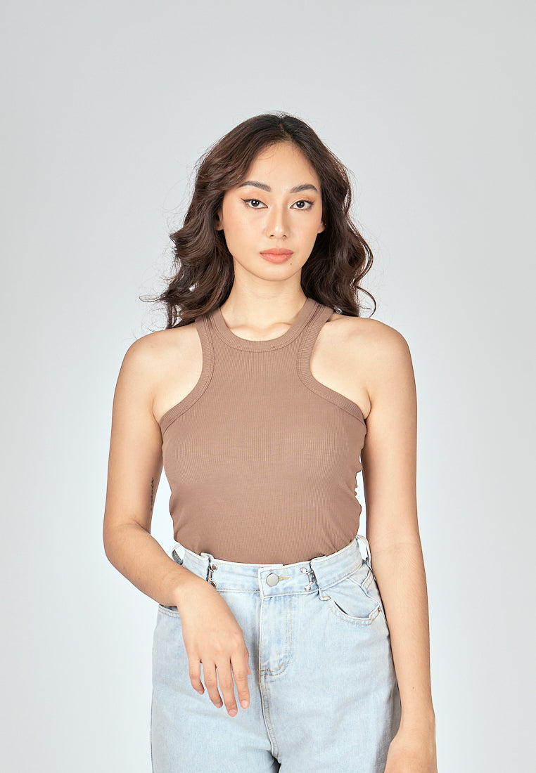 Grant Khaki Knitted Padded Crew Neck Sleeveless Tank Top