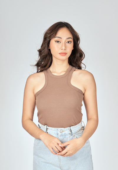 Grant Khaki Knitted Padded Crew Neck Sleeveless Tank Top