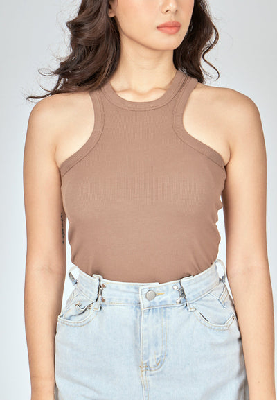 Grant Khaki Knitted Padded Crew Neck Sleeveless Tank Top