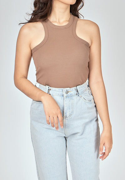 Grant Khaki Knitted Padded Crew Neck Sleeveless Tank Top
