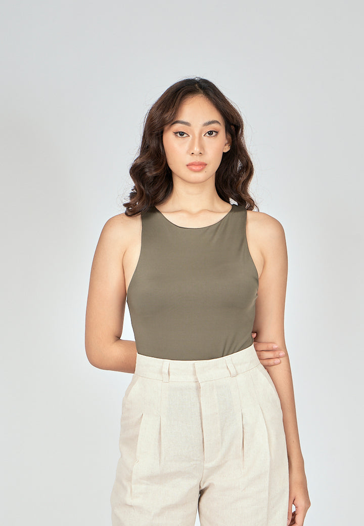 Barba Army Green Round Neck Sleeveless Bodysuit