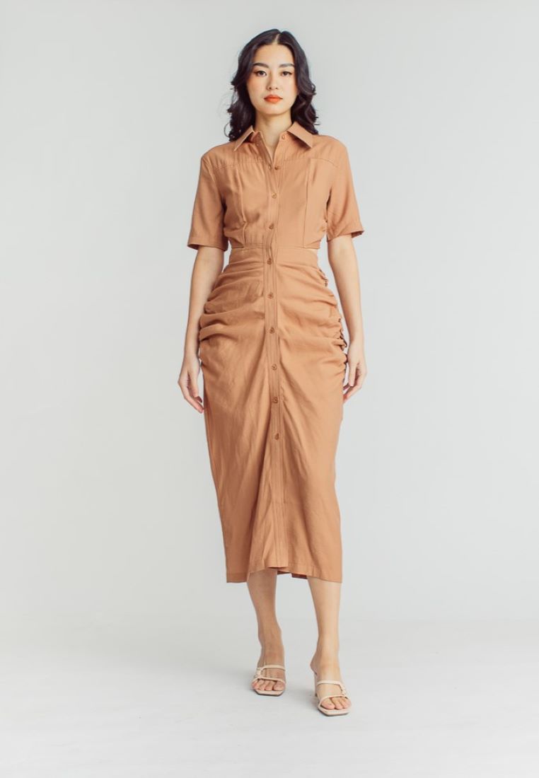 Lenard Brown Collared Buttondown Short Sleeves Hollow Out Waist Ruch Side Midi Dress
