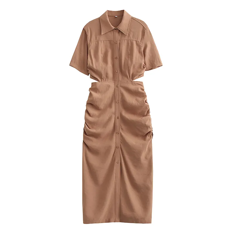 Lenard Brown Collared Buttondown Short Sleeves Hollow Out Waist Ruch Side Midi Dress