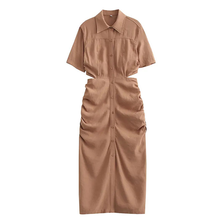 Lenard Brown Collared Buttondown Short Sleeves Hollow Out Waist Ruch Side Midi Dress