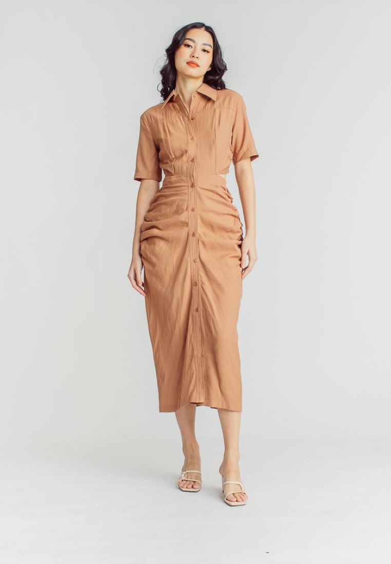 Lenard Brown Collared Buttondown Short Sleeves Hollow Out Waist Ruch Side Midi Dress