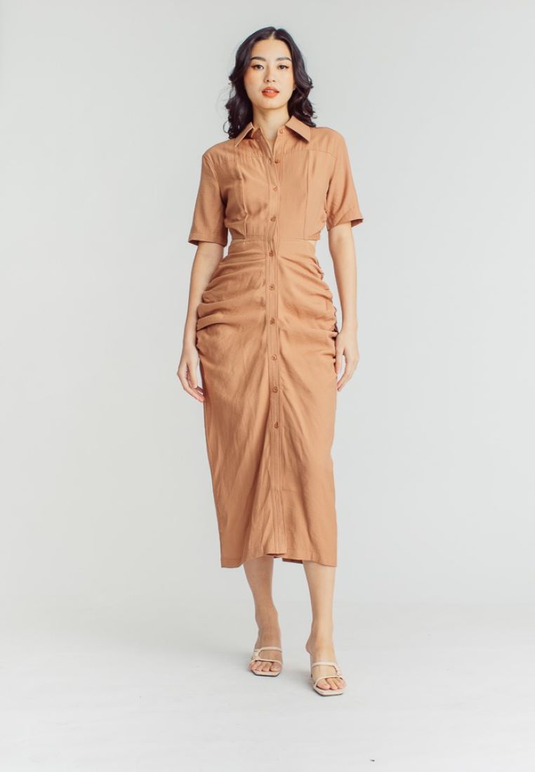Lenard Brown Collared Buttondown Short Sleeves Hollow Out Waist Ruch Side Midi Dress