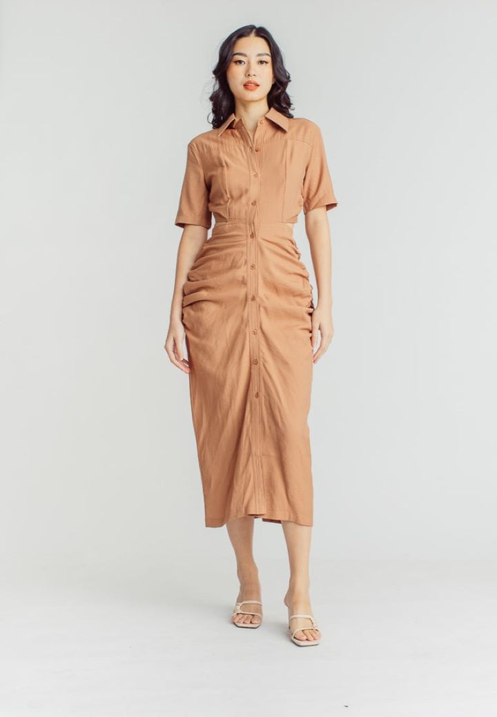 Lenard Brown Collared Buttondown Short Sleeves Hollow Out Waist Ruch Side Midi Dress