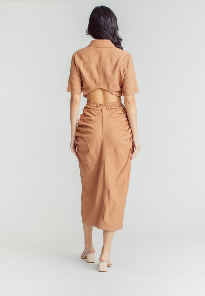 Lenard Brown Collared Buttondown Short Sleeves Hollow Out Waist Ruch Side Midi Dress