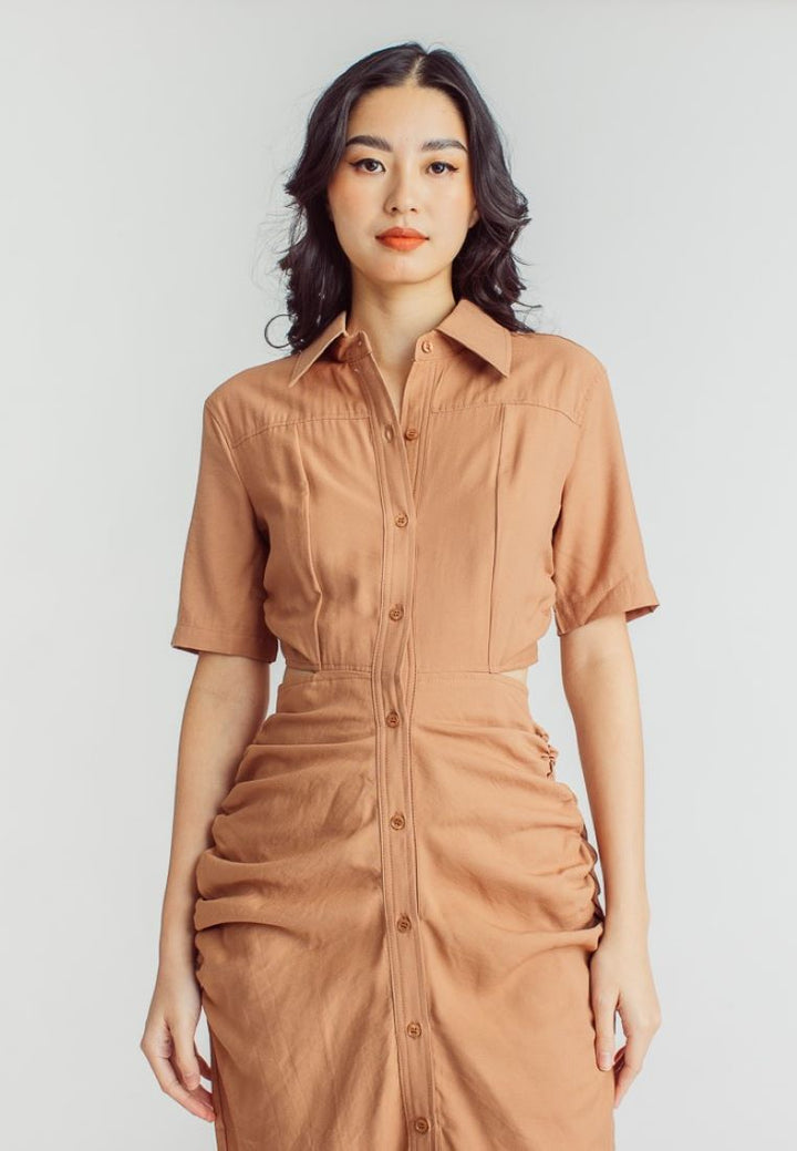 Lenard Brown Collared Buttondown Short Sleeves Hollow Out Waist Ruch Side Midi Dress