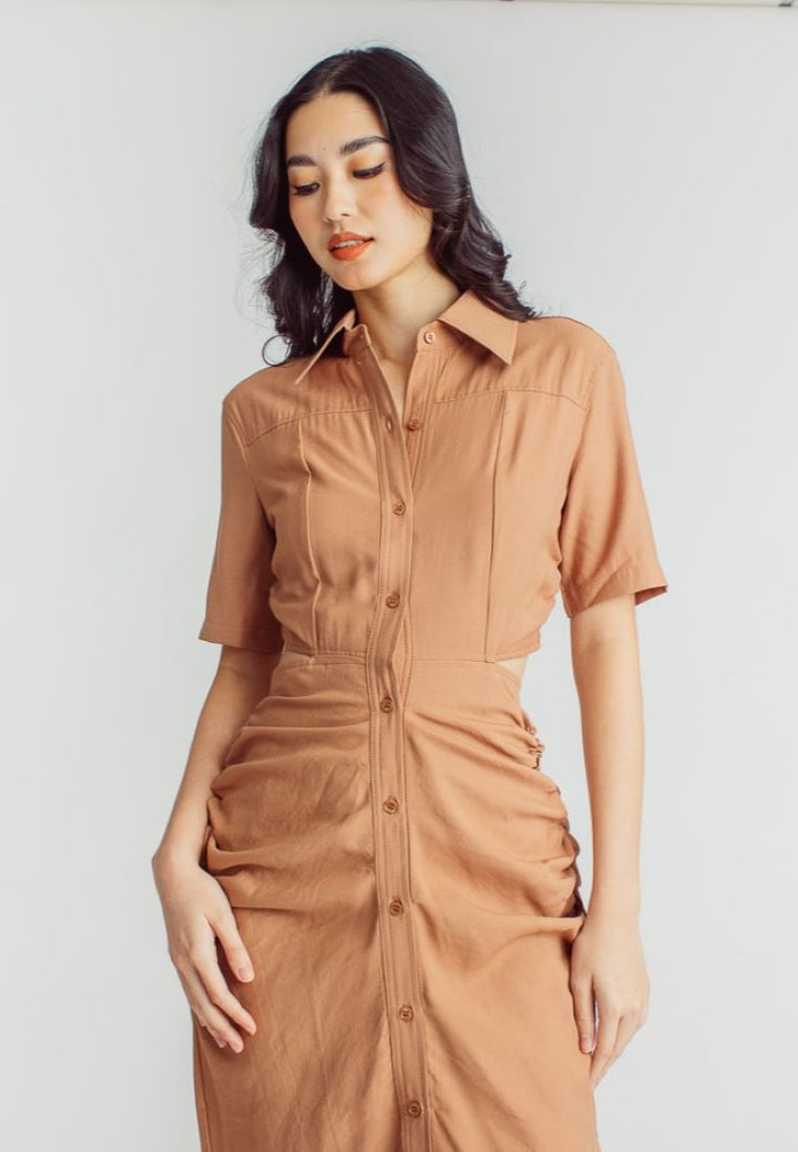 Lenard Brown Collared Buttondown Short Sleeves Hollow Out Waist Ruch Side Midi Dress