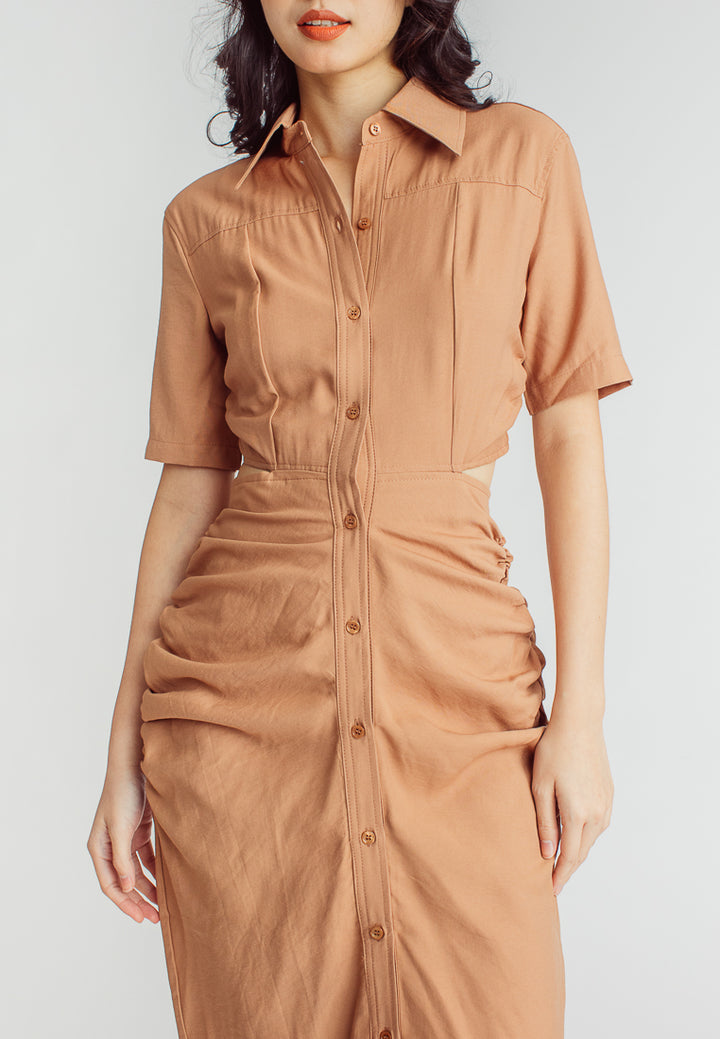 Lenard Brown Collared Buttondown Short Sleeves Hollow Out Waist Ruch Side Midi Dress