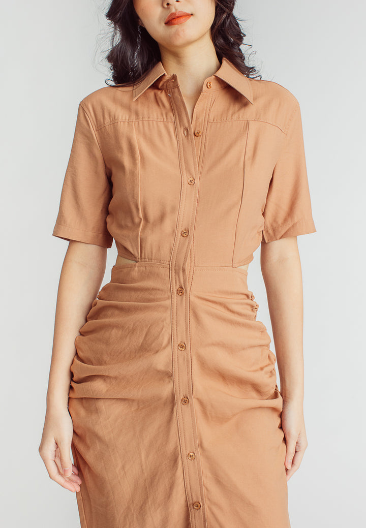 Lenard Brown Collared Buttondown Short Sleeves Hollow Out Waist Ruch Side Midi Dress