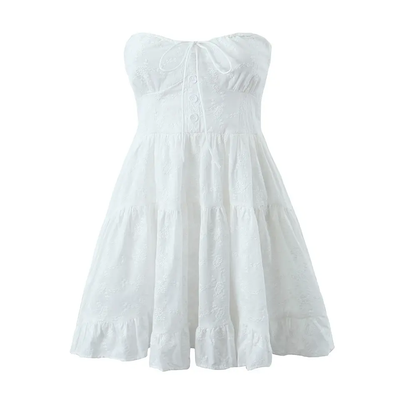 Caroline White Floral Embossed Smocked Back Tiered Tube Mini Dress