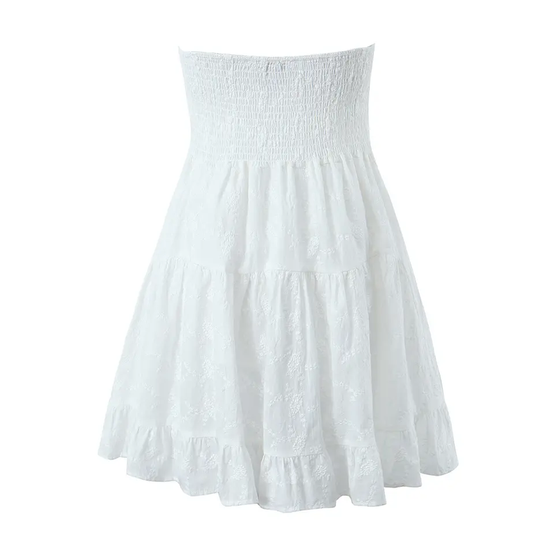 Caroline White Floral Embossed Smocked Back Tiered Tube Mini Dress