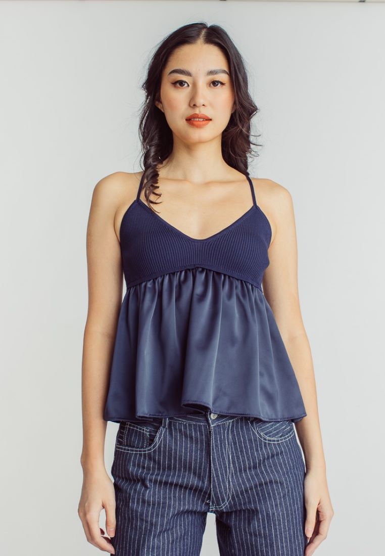 Max Deep Blue Knitted Silk Patchwork Sleeveless Cami Top