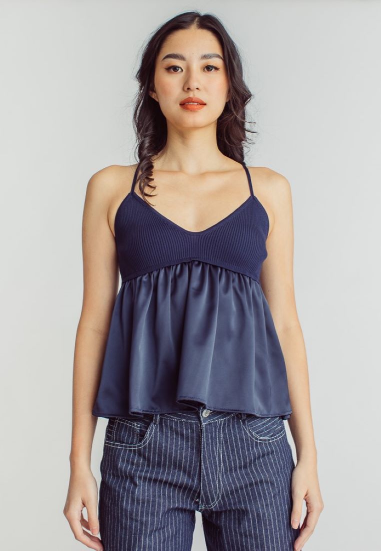 Max Deep Blue Knitted Silk Patchwork Sleeveless Cami Top