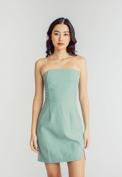 Soyeon Pastel Green Lined Back Zipper Side Front Slit Tube Mini Dress