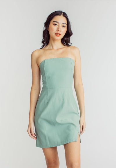 Soyeon Pastel Green Lined Back Zipper Side Front Slit Tube Mini Dress