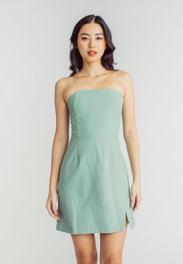 Soyeon Pastel Green Lined Back Zipper Side Front Slit Tube Mini Dress