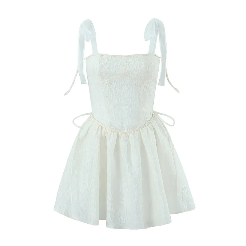 Elle Cream Textured Square Neck Sleeveless Self Tie Strap Pleated Mini Dress