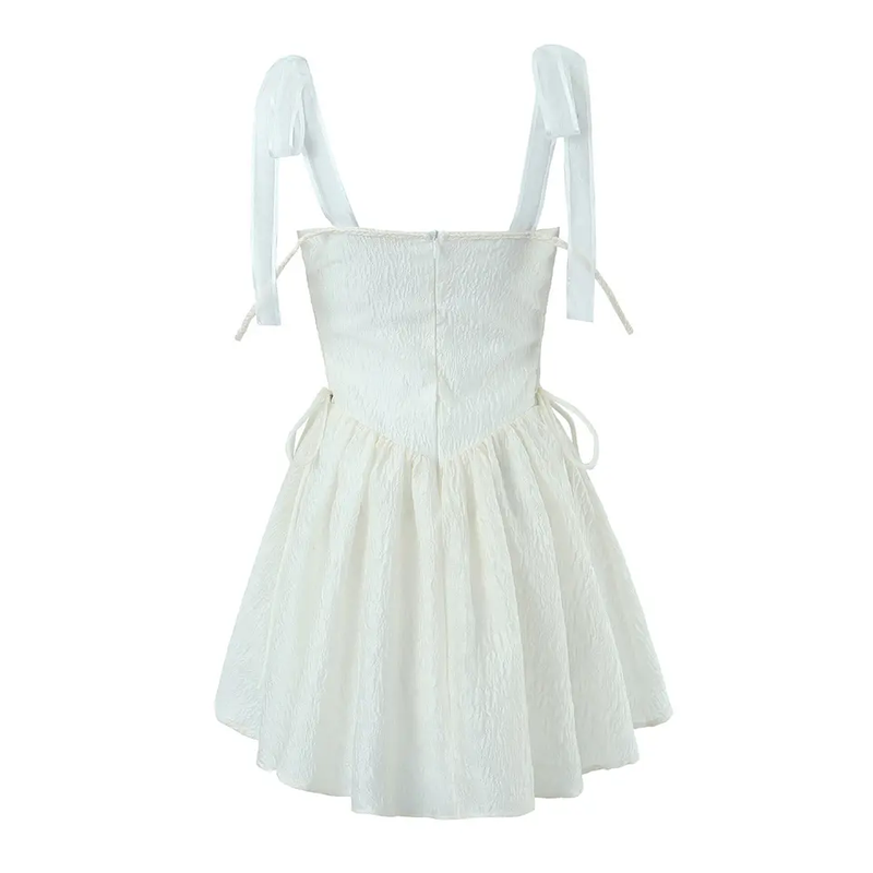 Elle Cream Textured Square Neck Sleeveless Self Tie Strap Pleated Mini Dress