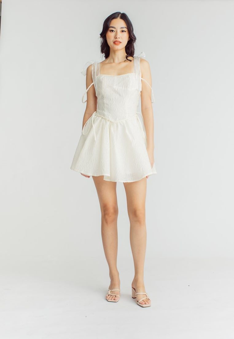 Elle Cream Textured Square Neck Sleeveless Self Tie Strap Pleated Mini Dress