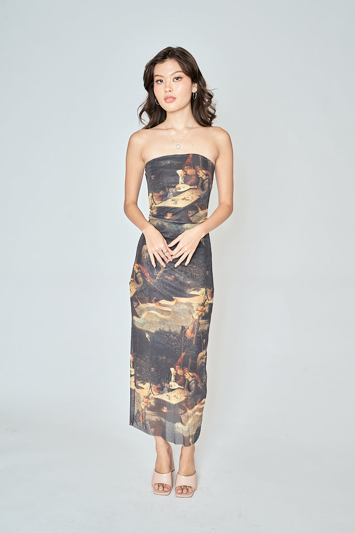 Mori Multicolor Print Straight Cut Tube Midi Dress