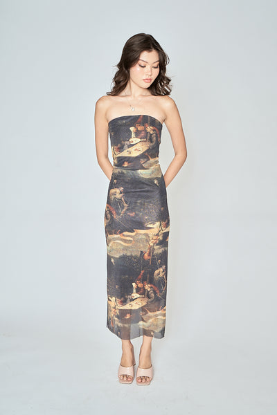 Mori Multicolor Print Straight Cut Tube Midi Dress