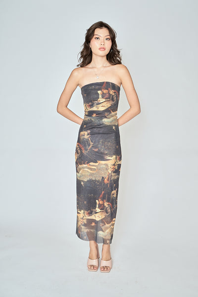 Mori Multicolor Print Straight Cut Tube Midi Dress