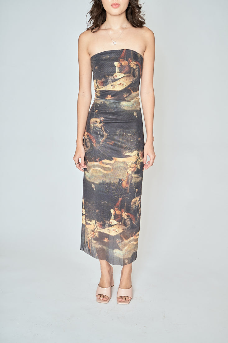 Mori Multicolor Print Straight Cut Tube Midi Dress