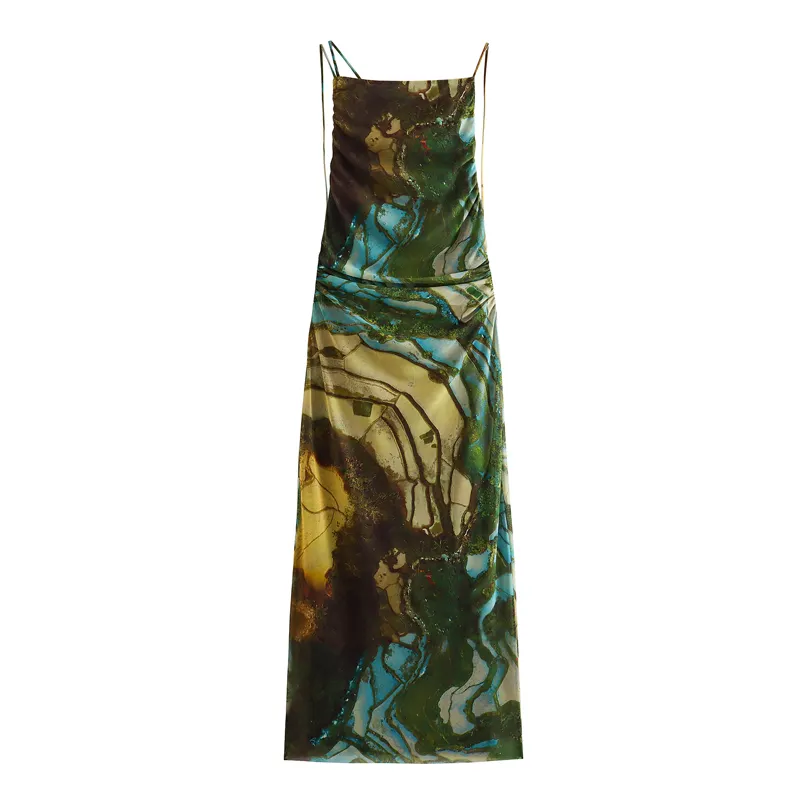 Jamie Multicolor Print Sleeveless Thin Strap Low Back Midi Dress
