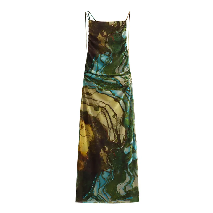 Jamie Multicolor Print Sleeveless Thin Strap Low Back Midi Dress