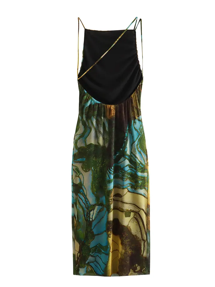 Jamie Multicolor Print Sleeveless Thin Strap Low Back Midi Dress