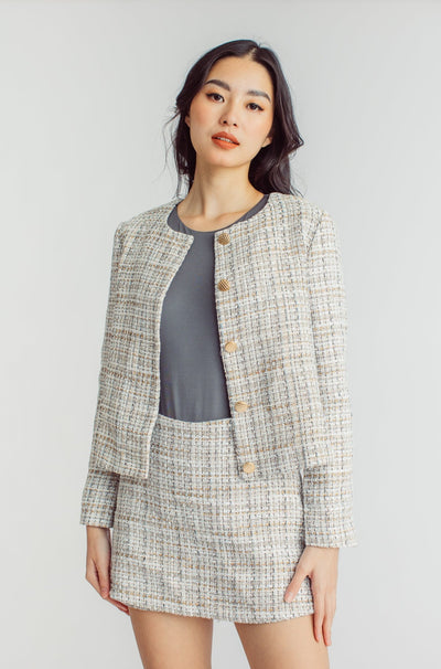 Eddie Beige Tweed Side Zipper Casual Skort