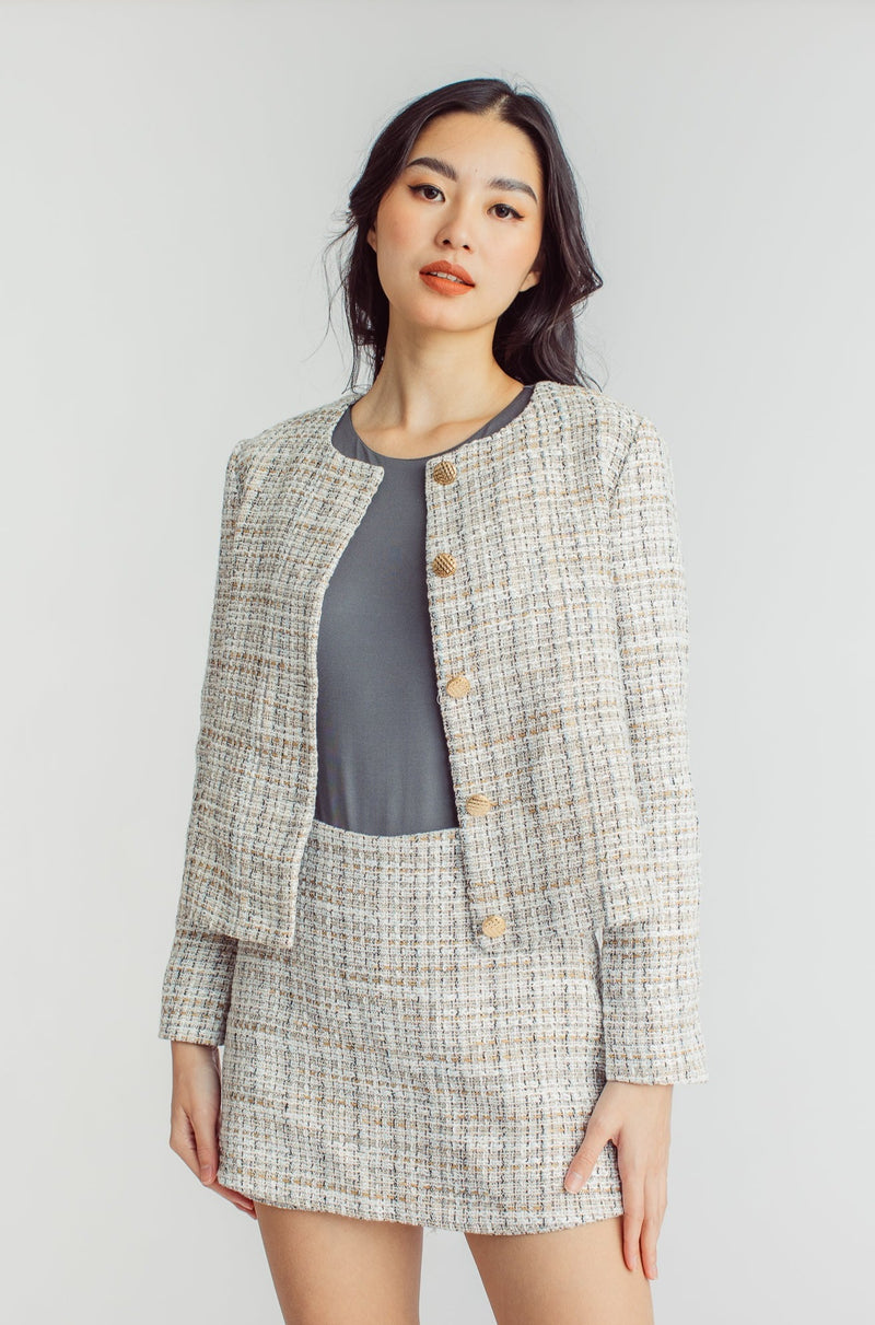Eddie Beige Tweed Side Zipper Casual Skort