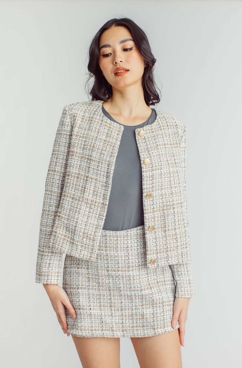 Eddie Beige Tweed Side Zipper Casual Skort