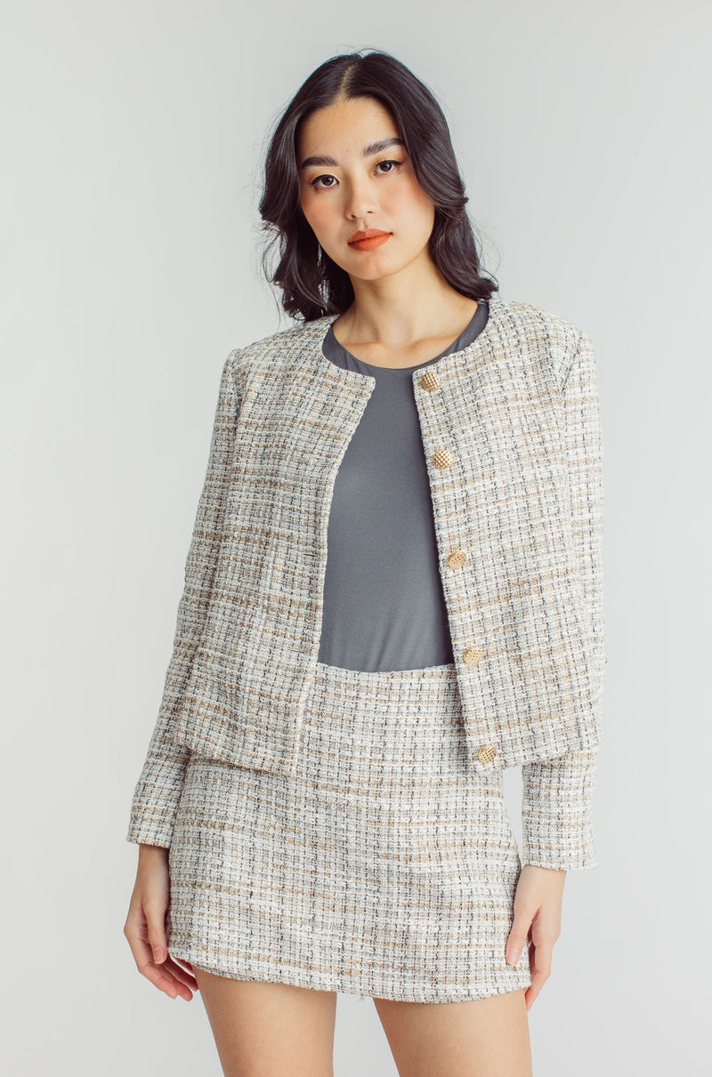 Eddie Beige Tweed Side Zipper Casual Skort