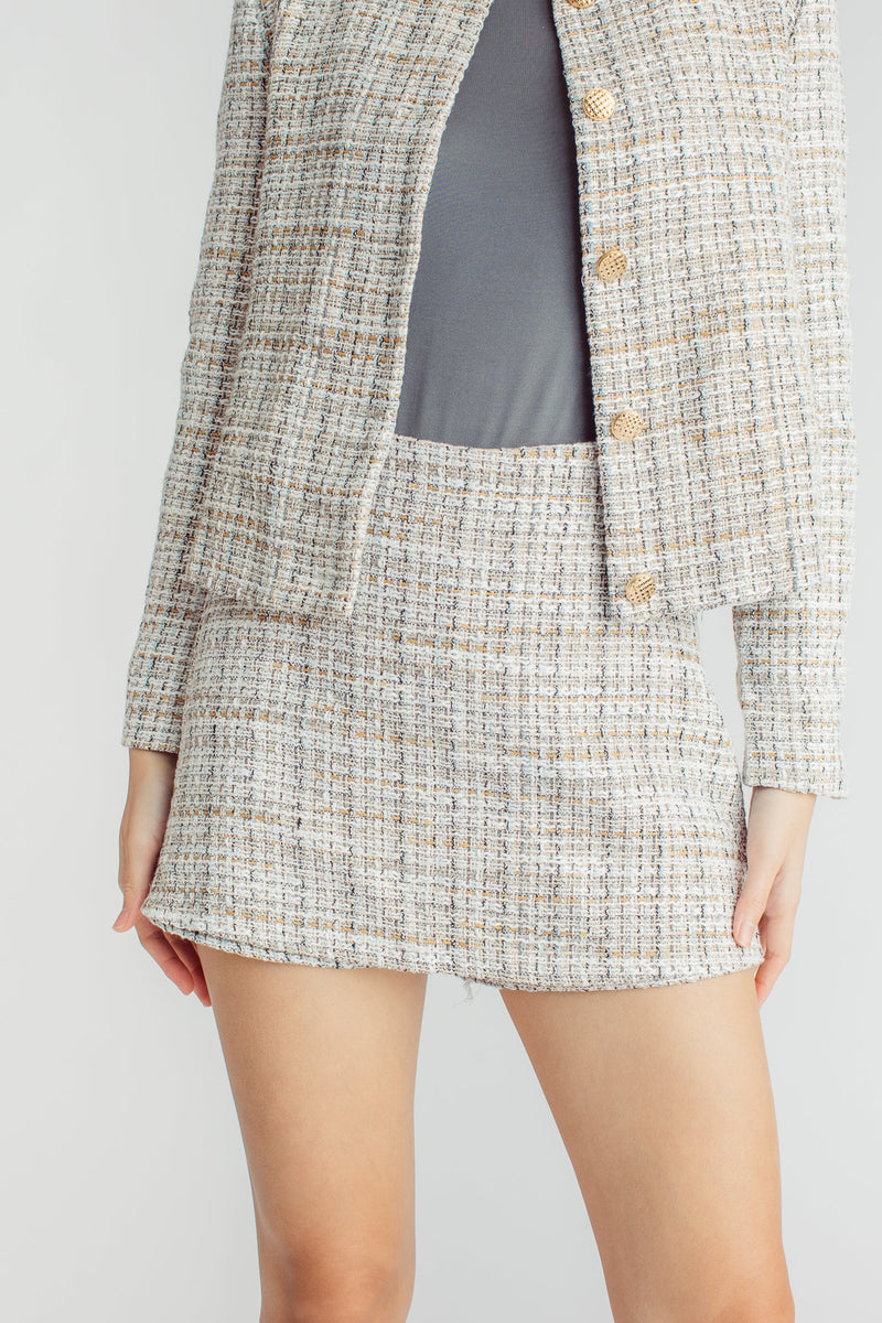 Eddie Beige Tweed Side Zipper Casual Skort