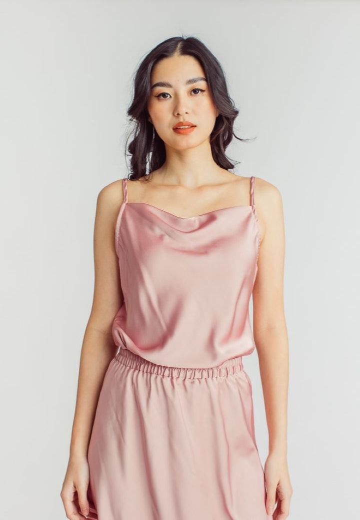 Chu Pink Silk Cowl Neck Sleeveless Basic Cami Top
