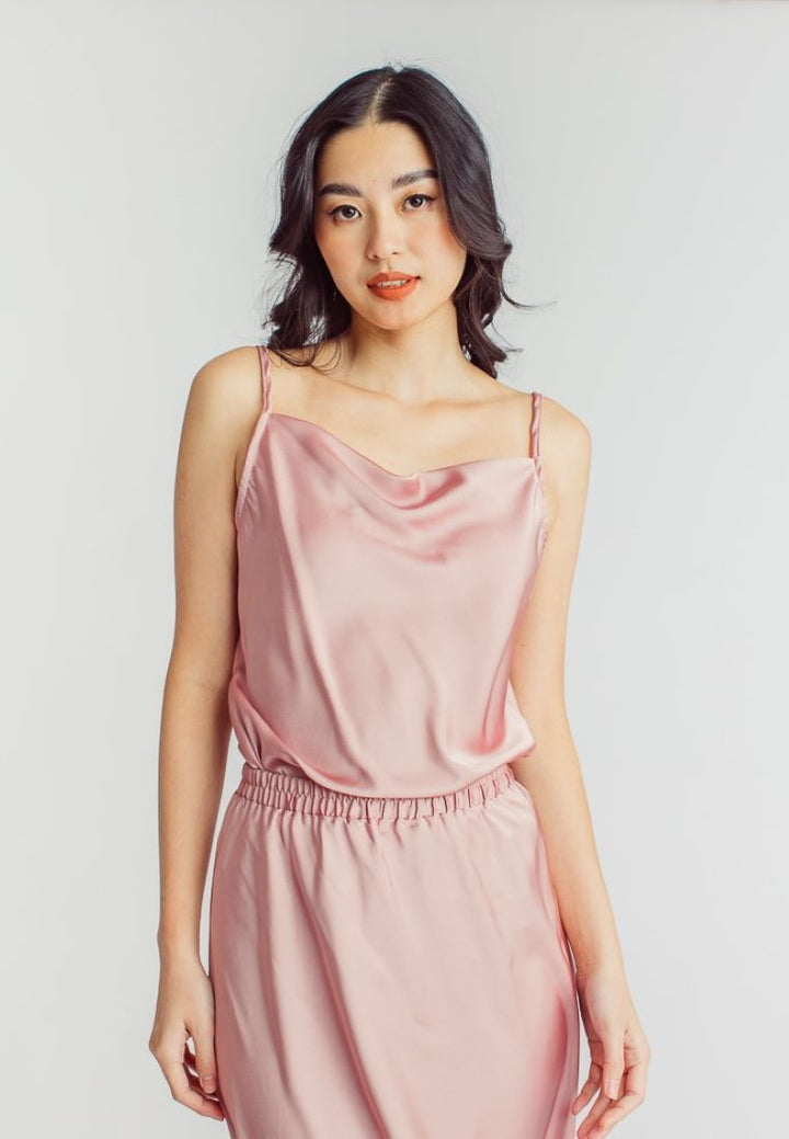 Chu Pink Silk Cowl Neck Sleeveless Basic Cami Top