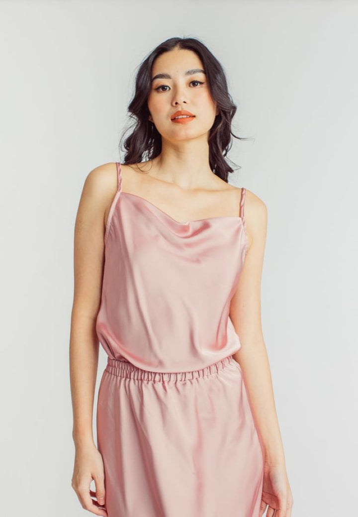Chu Pink Silk Cowl Neck Sleeveless Basic Cami Top