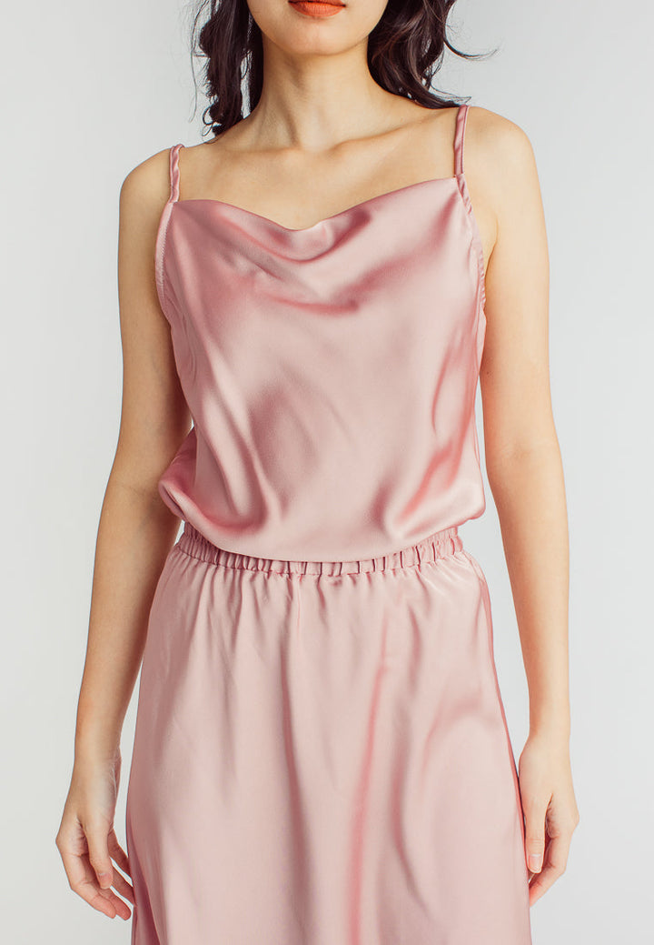 Chu Pink Silk Cowl Neck Sleeveless Basic Cami Top
