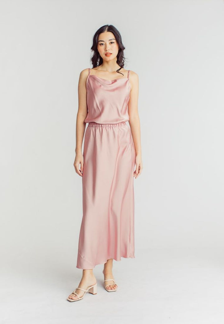 Chim Pink Silk Elastic Waist A-Line Midi Skirt