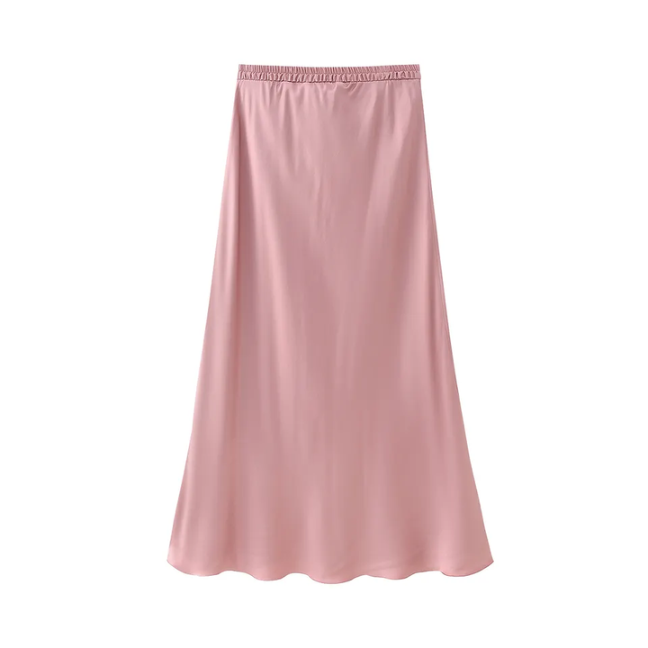 Chim Pink Silk Elastic Waist A-Line Midi Skirt