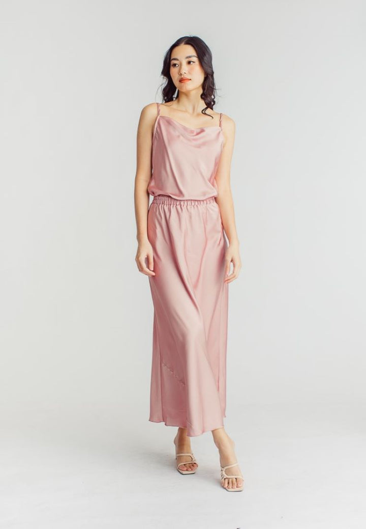 Chim Pink Silk Elastic Waist A-Line Midi Skirt