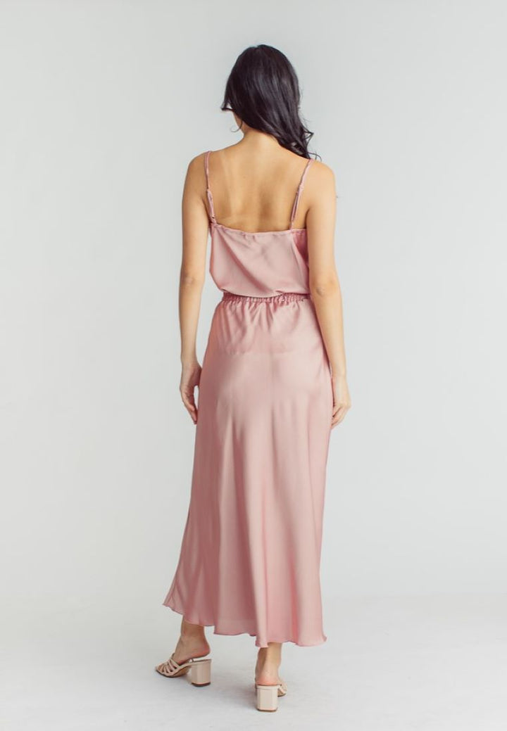 Chim Pink Silk Elastic Waist A-Line Midi Skirt